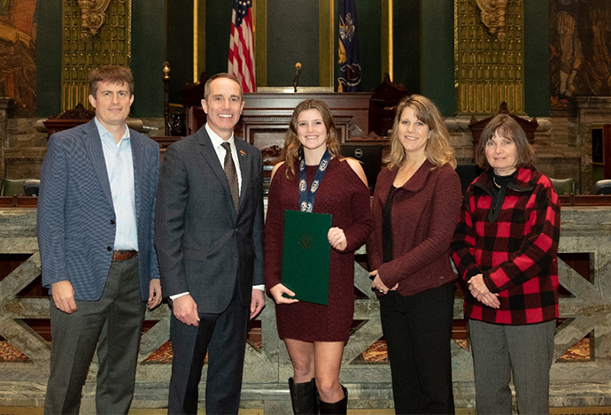 
Sen. Santarsiero with Amelia Honer, her mother, Hayes, her father, Max,
and her coach, Linda Morrin, in Harrisburg.
