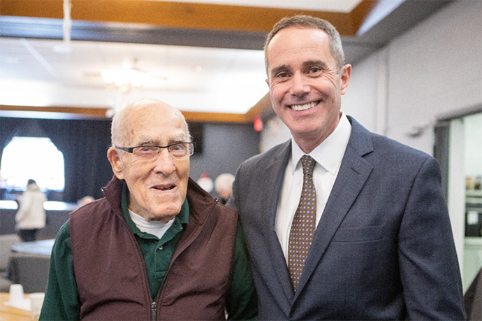 Senator Santarsiero at the Doylestown Legislative Breakfast with 104-year old World War II Navy Veteran, Fred Gomez