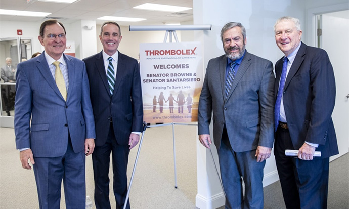 (left to right) Senator Santarsiero with Thrombolex Chief Scientific Officer Brian Firth, Senator Pat Browne (R-16), and Thrombolex CEO Marvin Woodall