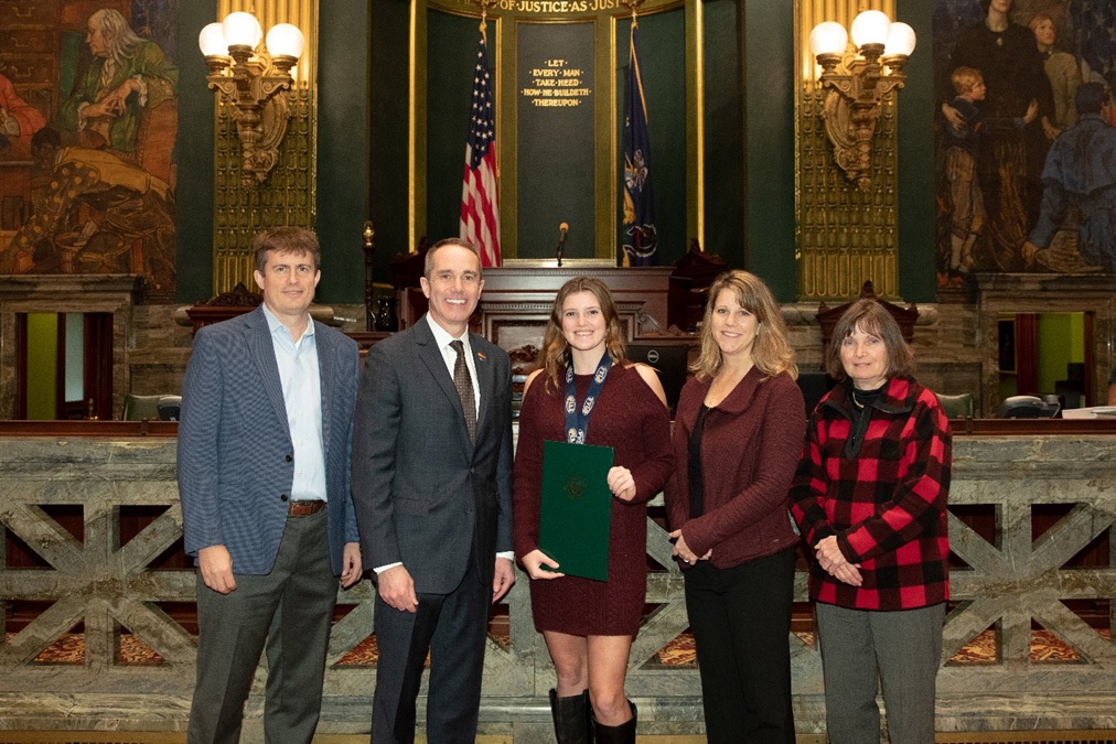 February 5, 2020: Sen. Santarsiero with Amelia Honer, her mother, Hayes, her father, Max, and her coach, Linda Morrin, in Harrisburg.