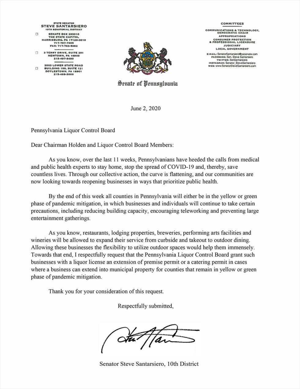 Letter to PLCB on Permit Extensions Senator Steve Santarsiero